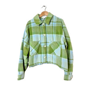 For The Republic Womens M Cropped Jacket Shacket Green Plaid Outdoor Button